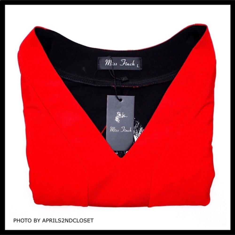 V-NECK LONG SLEEVES RED BLACK WHITE DRESS A3C - Picture 3 of 7